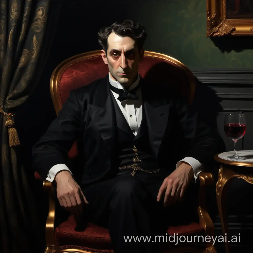 In a dim Victorian parlor, a painting depicts a distinguished man, reminiscent of Anton Ego from "Ratatouille." He sits, shadowed, in a high-backed chair, holding a glass of wine. His features are sharp, his gaze piercing, reflecting in the wine's depths.

The man's Victorian attire hints at opulence, set against shadowed furnishings. His expression, a mix of contemplation and restraint, reveals inner depth and longing.

This dark aesthetic painting captures Ego's essence, inviting viewers to delve into the complexities of human nature, where light and shadow intertwine, and reflection reveals deeper truths.






