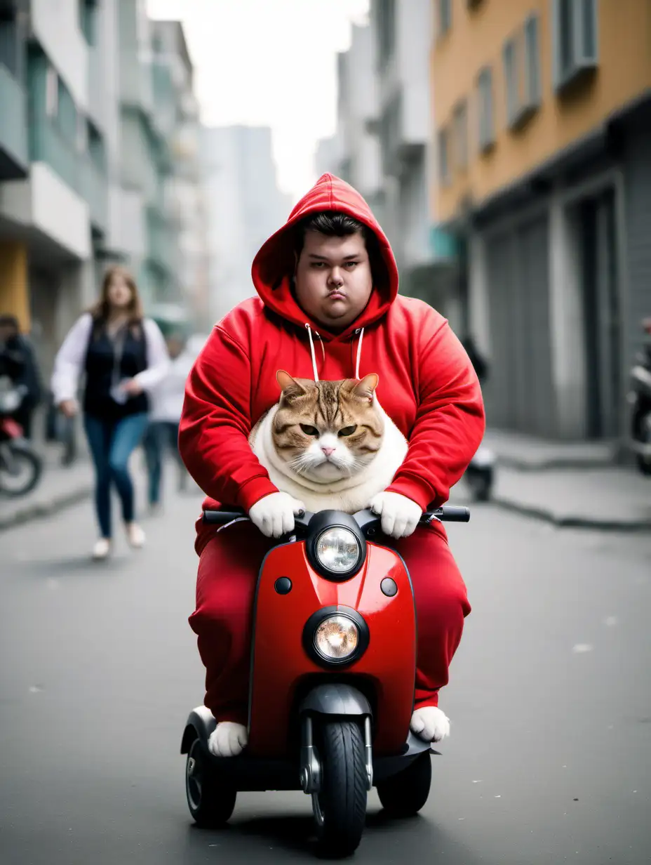 Fat Cat. Wearing a Red Hoodie, Playing on a Scooter. in the middle of the city. In the Human Group.