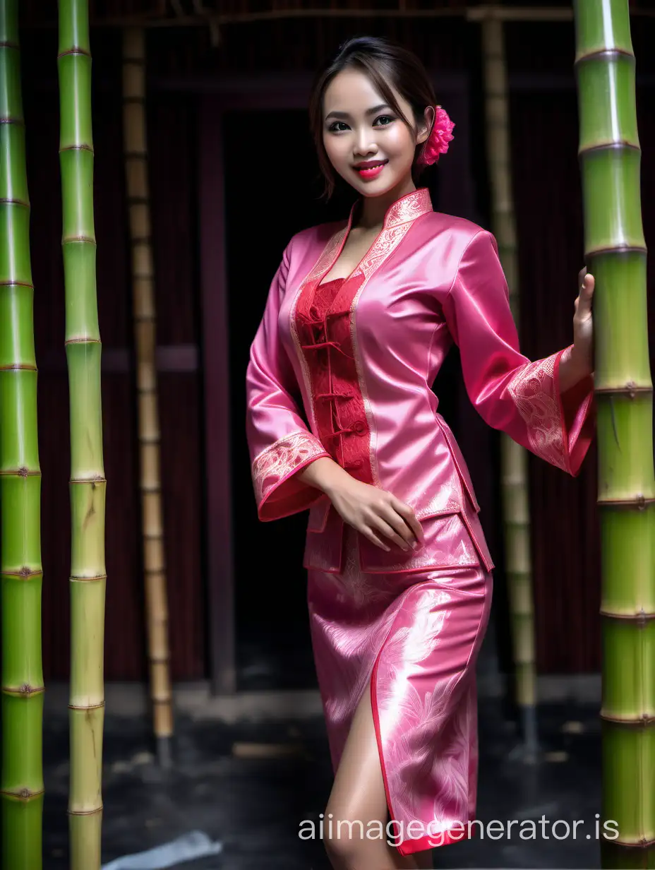 8k, RAW photo, best quality, (masterpiece), ultra detailed, ((Standing in the middle of building)),short hair, (looking at viewers), cowboy shot,legs,smile,medium long hair,inside bamboo wooven house,white skinshiny lip, length hair, Pink, realisitic,asian skin,kebaya indonesia,,red kebaya,busty