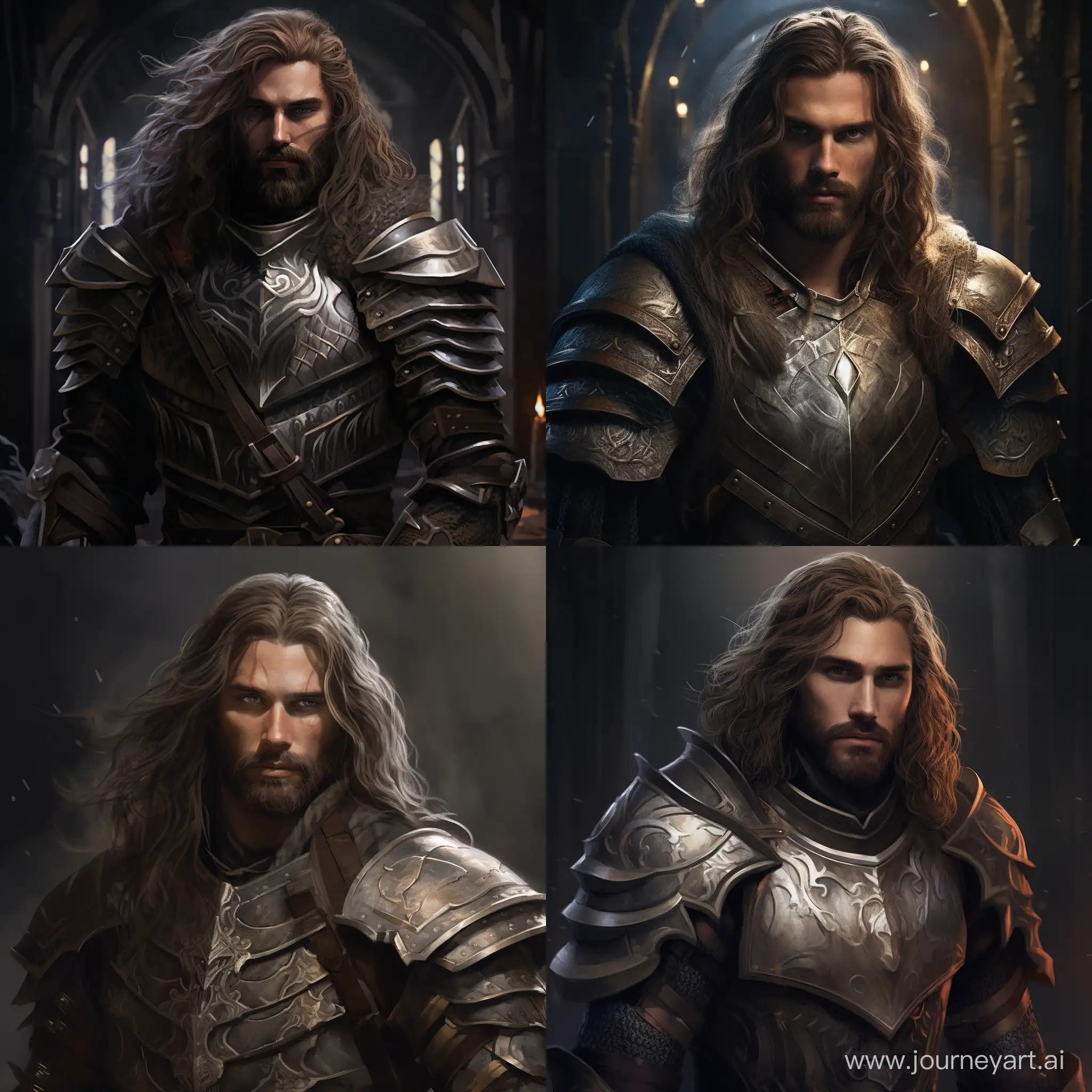 Реалистичный арт мрачного мужчины с бородой и длинными светлыми волосами в броне, без шлема, Тёмное фентези