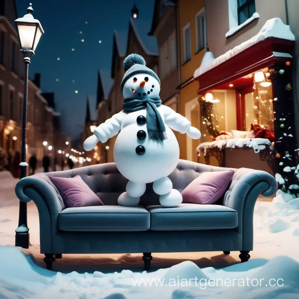 веселый снеговик прыгает на модном диване стоящем на сказочной улице зимой вечером