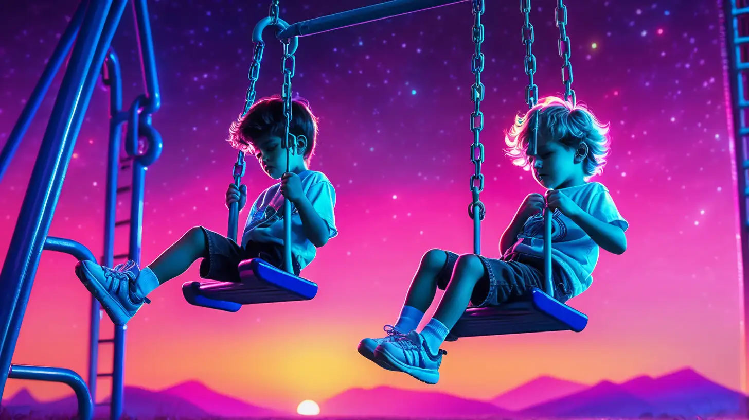 Radiant Synthwave Playground Young Boy Swinging in Dramatic Light