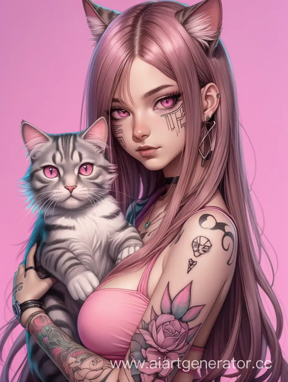сексуальная кибер девушка кошка  с длинными волосами, с карими глазами, с татуировками нежно розовая с двумя кошками разных цветов в руках