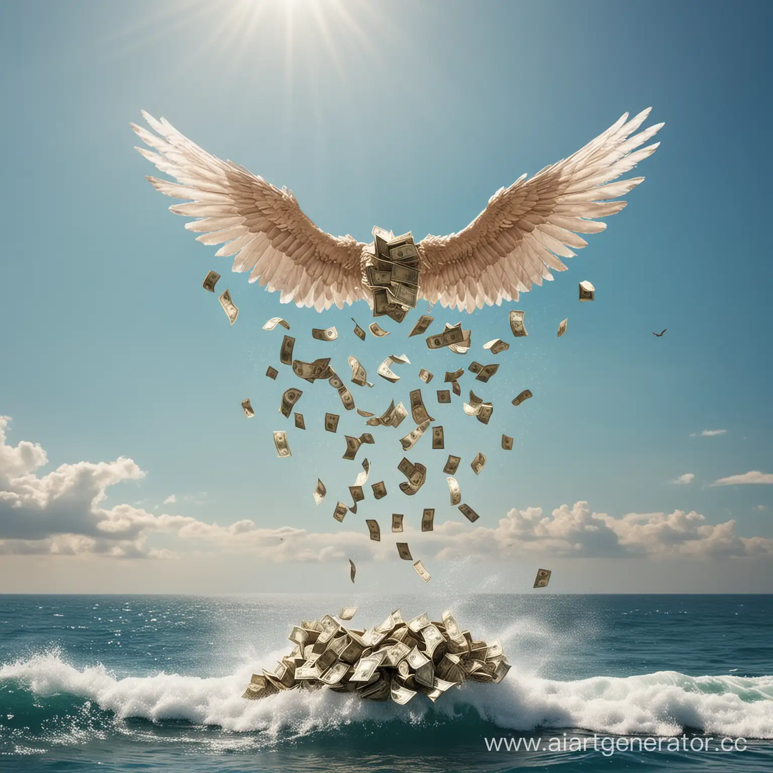 Flying-Money-Bundles-Over-Ocean-Horizon