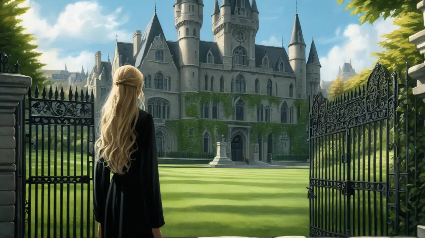 a girl with long flowing blonde hair stands with her back to us. She is wearing black slacks and a black tunic. she is standing outside of open black wrought iron gates and is looking up a large sprawling hill with a green lawn towards a huge building on top of a hill with turrets and ivy and multi0ple buildings. there are trees all around. there are shadows of 5 large statues on the front lawn ahead of her. 