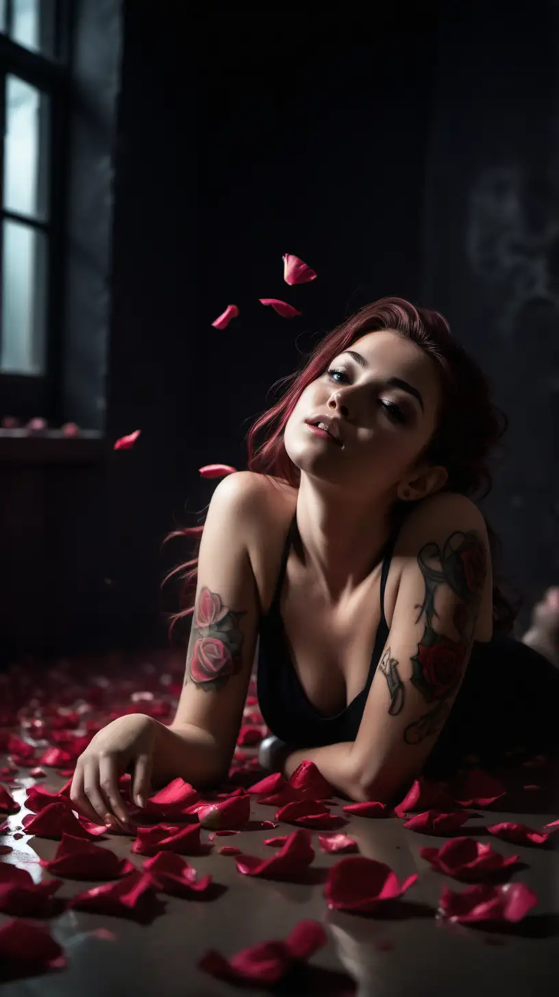 /imagine prompt : An ultra-realistic photograph captured with a canon 5d mark III camera, equipped with an 55mm lens at F 1.2 aperture setting, featuring a young  woman lying on ground in a dark room with rose tattoos on her body  . The background is beautifully blurred, highlighting the subject. The room is empty .  ground filled with rose petals.  floating rose petals on air , creating a romantic atmosphere. Soft spot light from window gracefully illuminates the subject’s face and hair, casting a dreamlike glow. The image, shot in high resolution and a 16:9 aspect ratio, captures the subject’s natural beauty and personality with stunning realism –ar 16:9 –v 5.2 –style raw