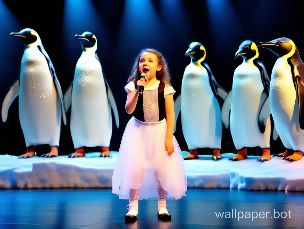Детское кабаре девочка 12 лет, в полный рост, в  чёрном жилете, в белом бодистокинг, поёт весёлую песню про пингвинов, на сцене с декорациями Антарктиды, цветное фото