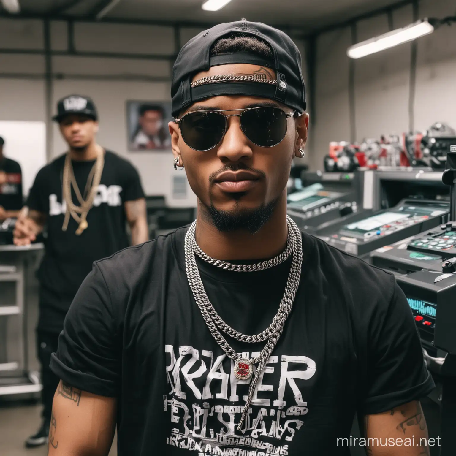cool rapper with Neck chain. in the background there are printing machines  