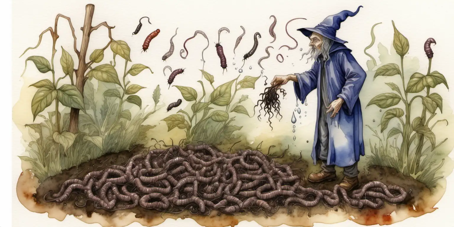 Sorcerer Cultivating Worms Mystical Watercolor Artwork Depicting Magic and Agriculture