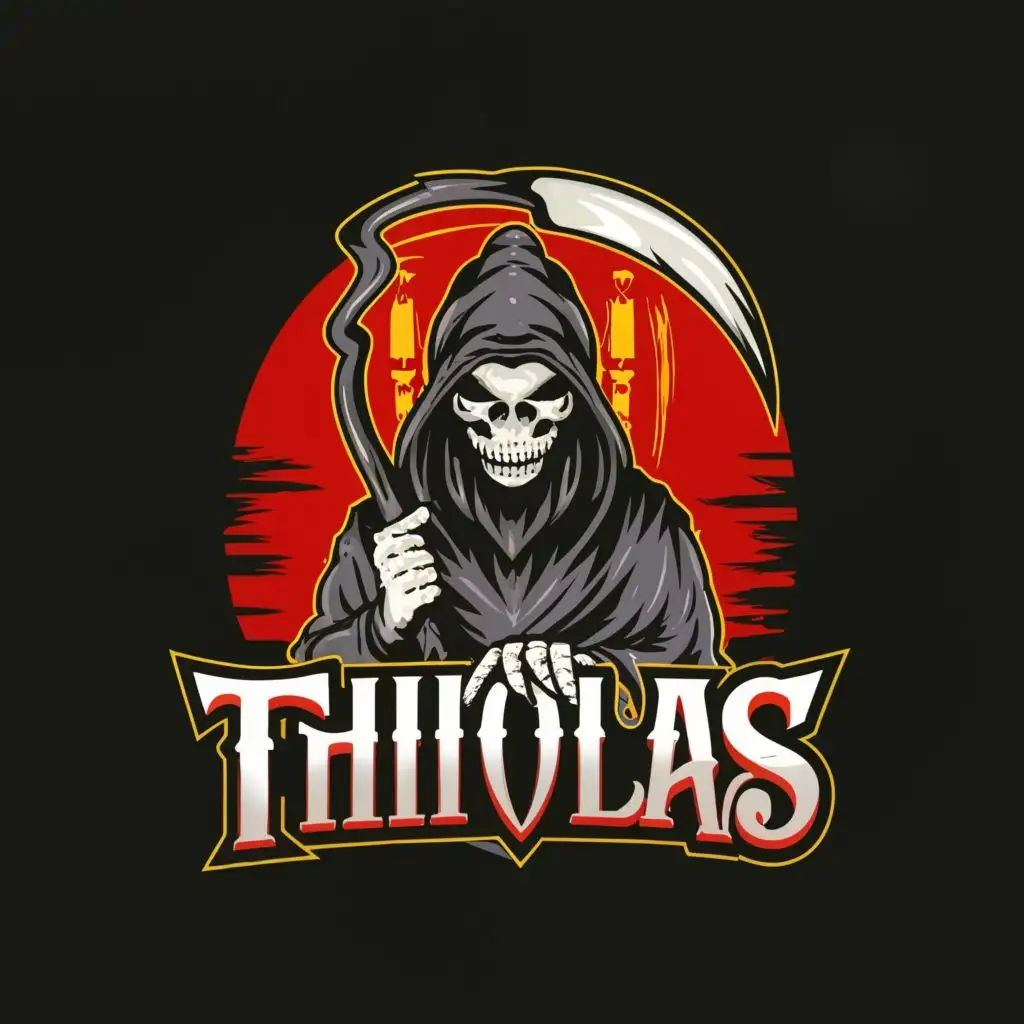 logo, GRIM REAPER, with the text "THIKOLAS", typography, be used in Entertainment industry