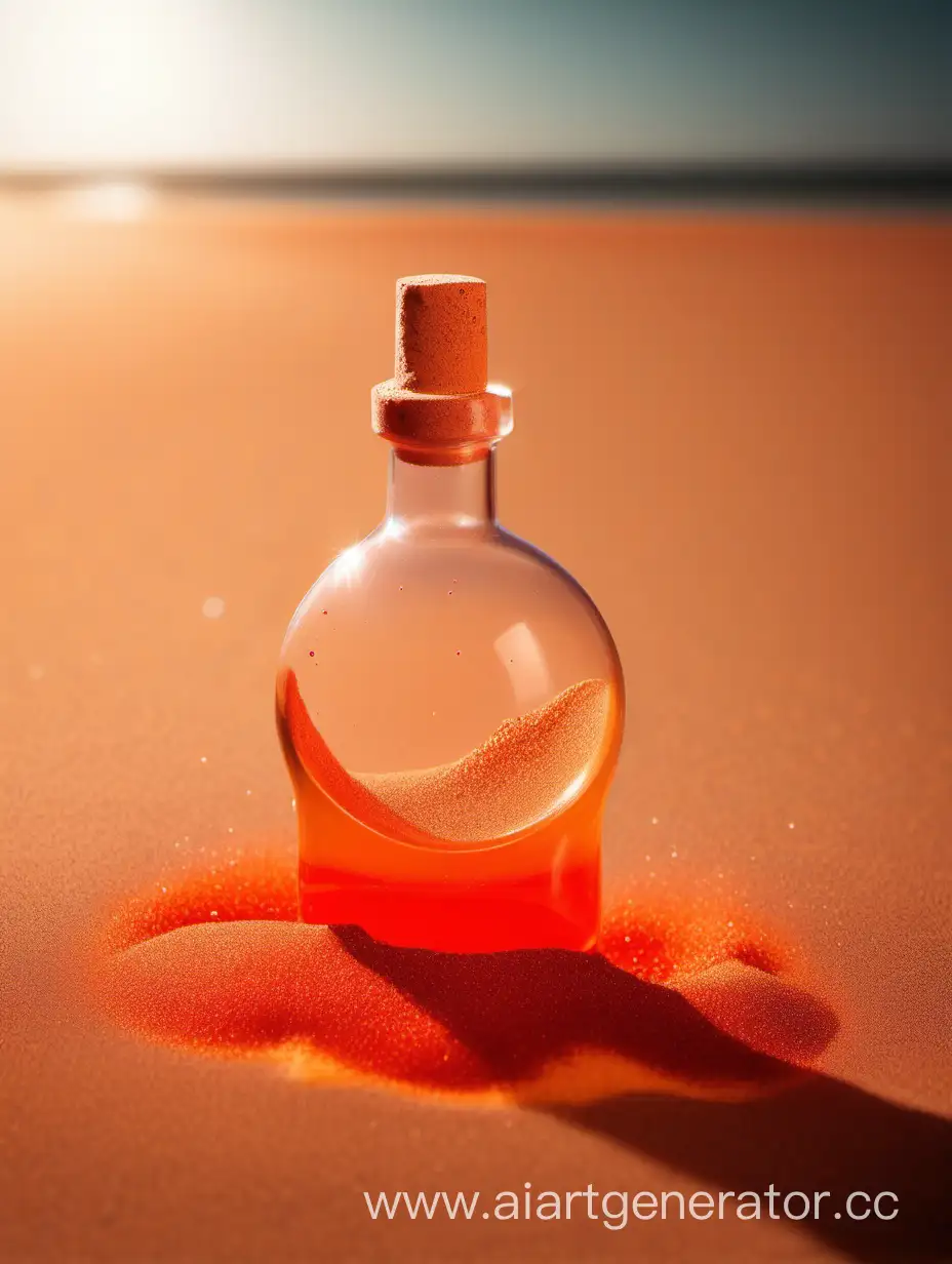 фон оранжевый, красный песок     на переднем плане , в центре флакон в песке размытый 
 с глубиной резкости с подсветкой на заднем плане  , летящий мыльный пузырь  в правом верхнем углу