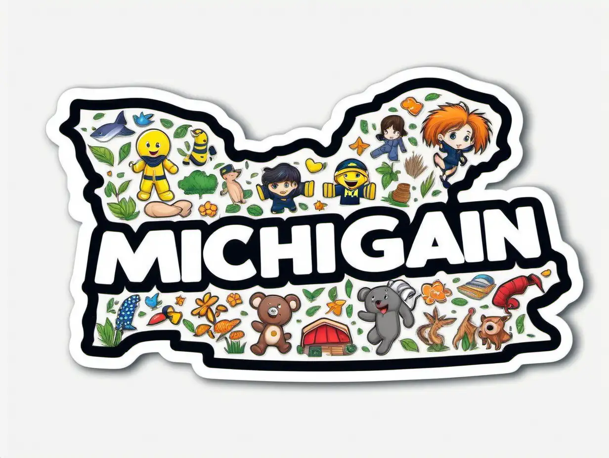Cheerful Michigan Names Sticker in Chibi Style on Dark Background