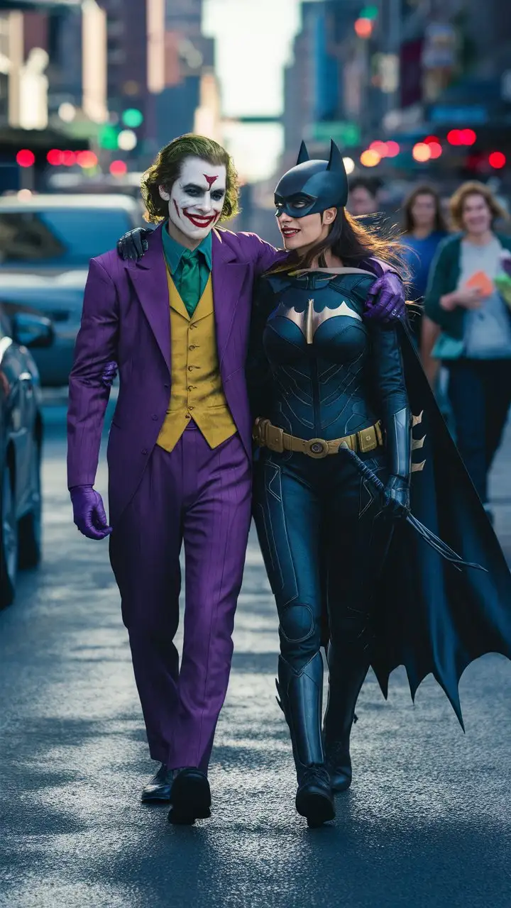 Joker and Batwoman Strolling Through the Sunlit Streets