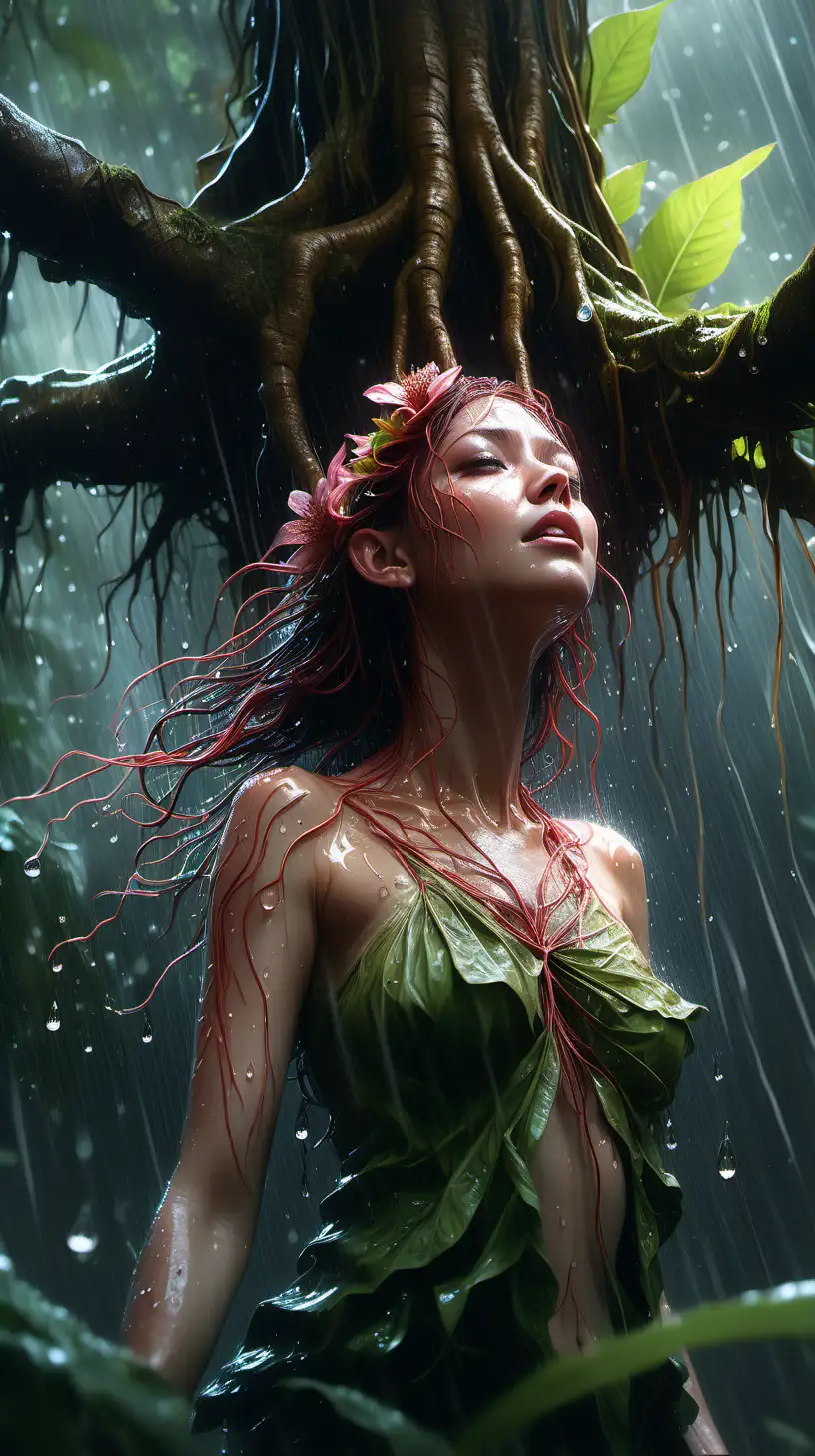 "A raining scenery where a tiny tree spirit is hiding UNDER A HUGE FLOWER PETAL, soaking wet, looking up the rain drops, in a rainforest, her hair is connected to the roots of the tree, water dazzling with light and subtle nuances. Dreamlike Fantasy Art, Carne griffiths, lou xaz, artstation, Dynamic Lighting, hyperdetailed painting CGSociety ZBrush Central, beautiful, delicate, intricate, elegant, graceful, shiny, Hyperrealism, fantasy hyperdetailed, water dazzling with light and subtle nuances. Close-up photograph details accentuated with a macro lens, revealing the texture and color nuances --ar 16:9 --style raw --v 6.0 