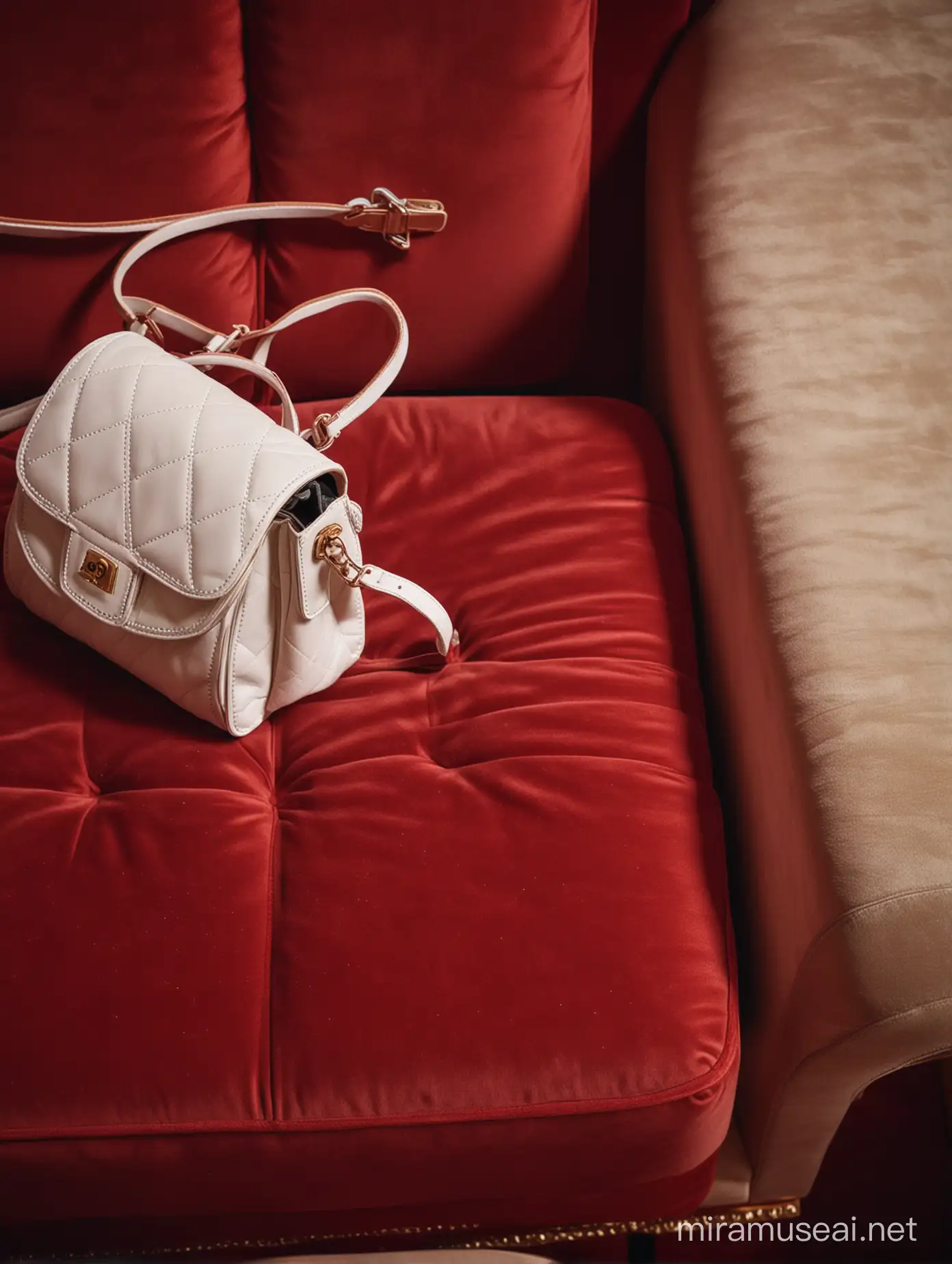 каталожное фото одной молодежной белой кожаной сумки маленькой на красном бархатном стуле в кинотеатре, вид сверху, натуральный свет, 35mm photo. Shot on film. In the style of UV photography
