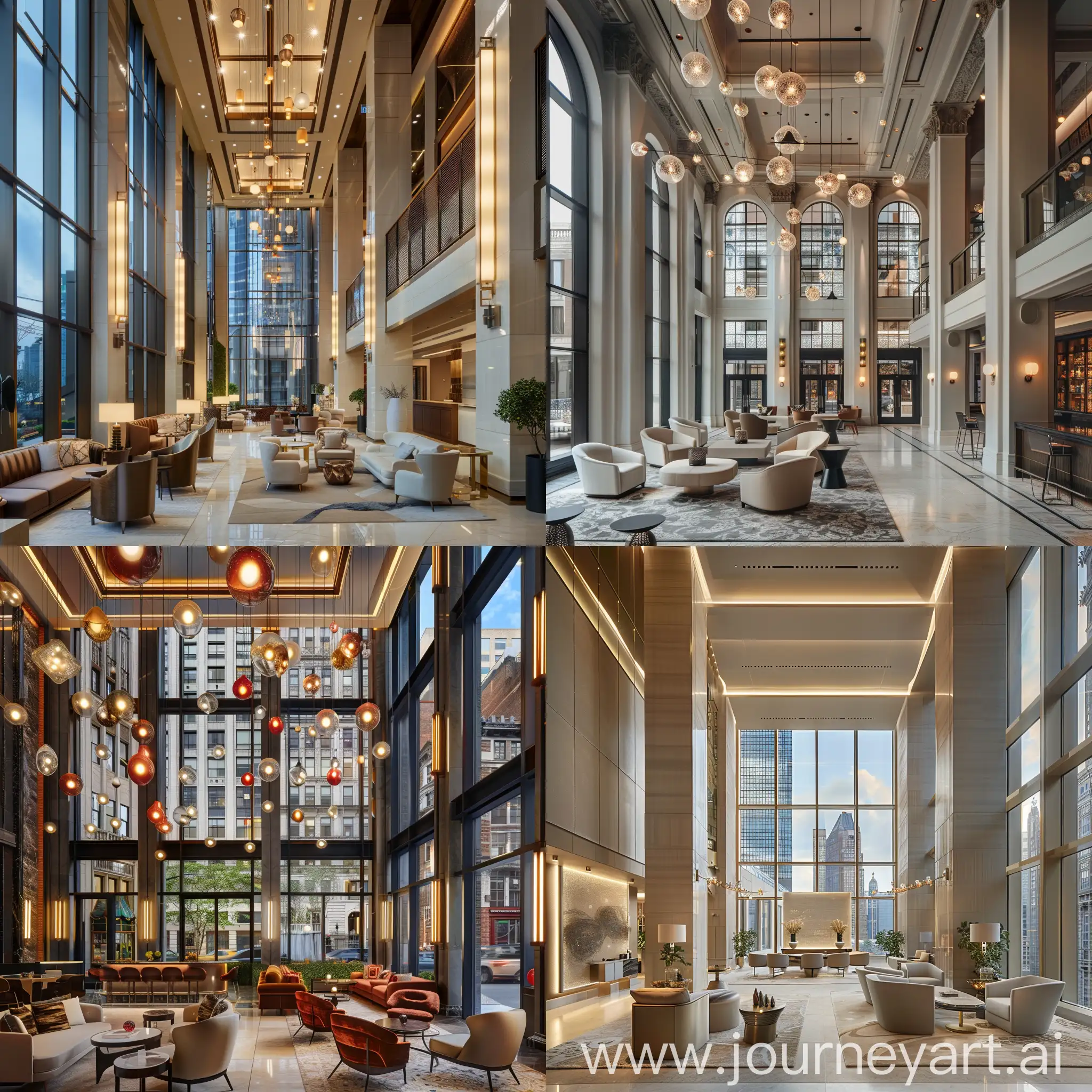Neo-cosmic hotel lobby, double length floor to celling windows, high celings, inspiared by wall street penthouse arcitecture, with moving lights, desighner french furnature