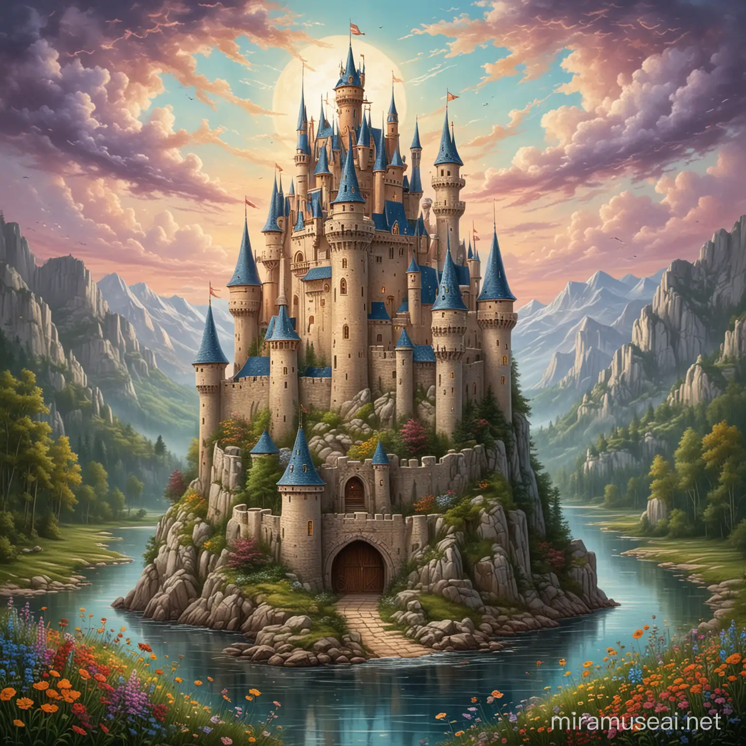 Enchanting Fantasy Castle Art Whimsical Fortress Amidst Misty Mountains