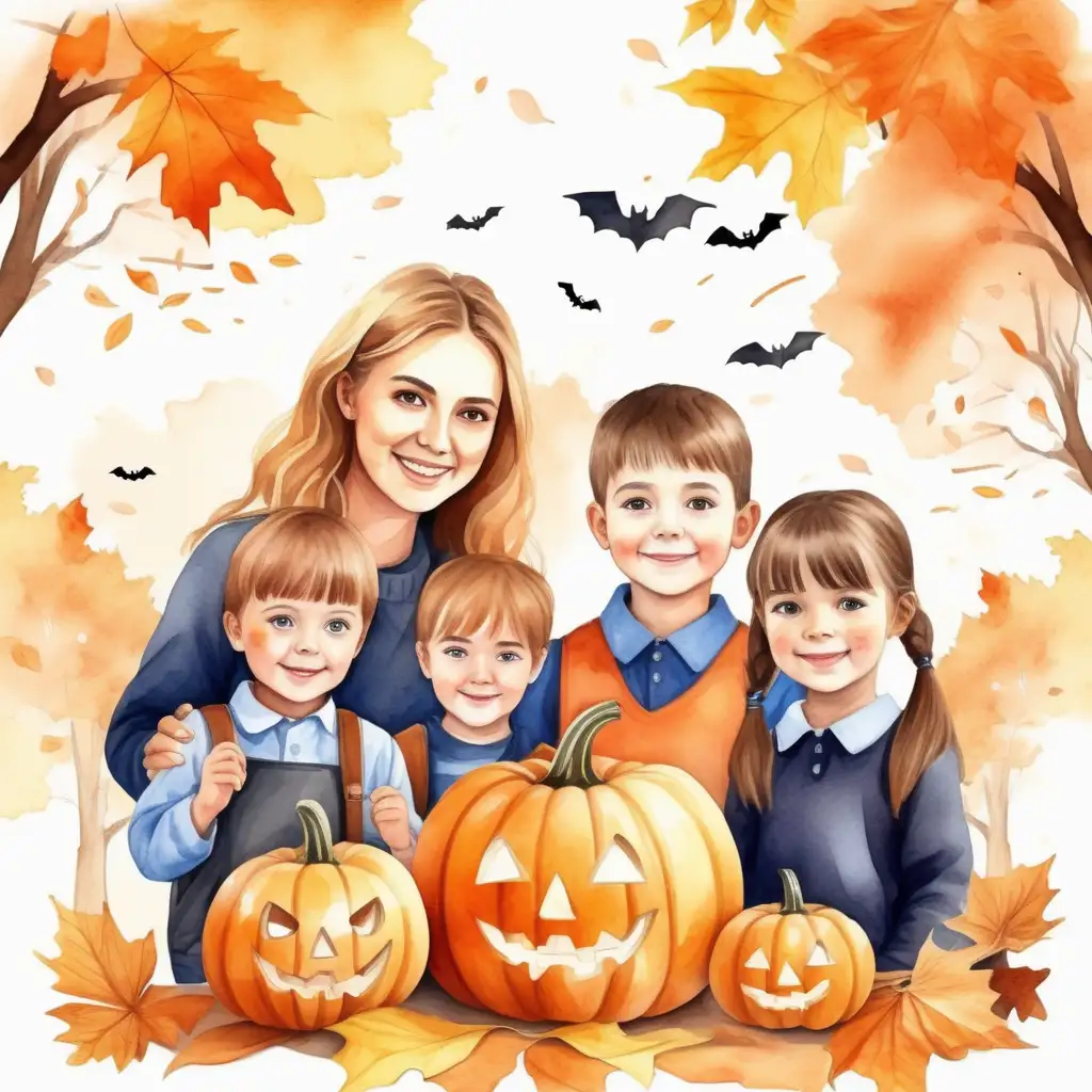 Vytvoř realistickou tvář _podzimní příroda, učitelka s dětmi ve školce, kluci a holky, dlabou Dýně a Halloween_podzimní příroda, _akvarel styl
