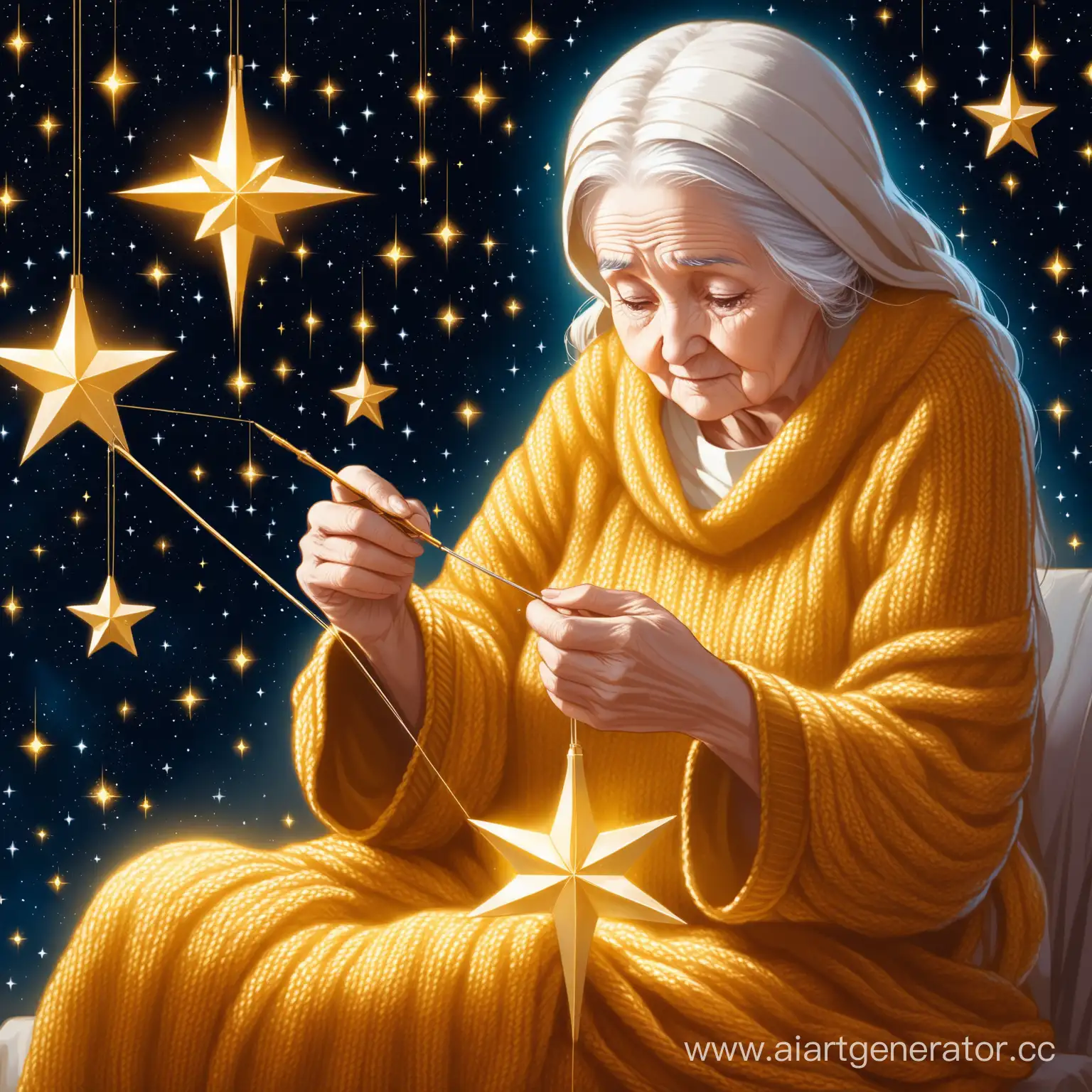 Golden-Attired-Elderly-Woman-Knitting-Among-the-Stars