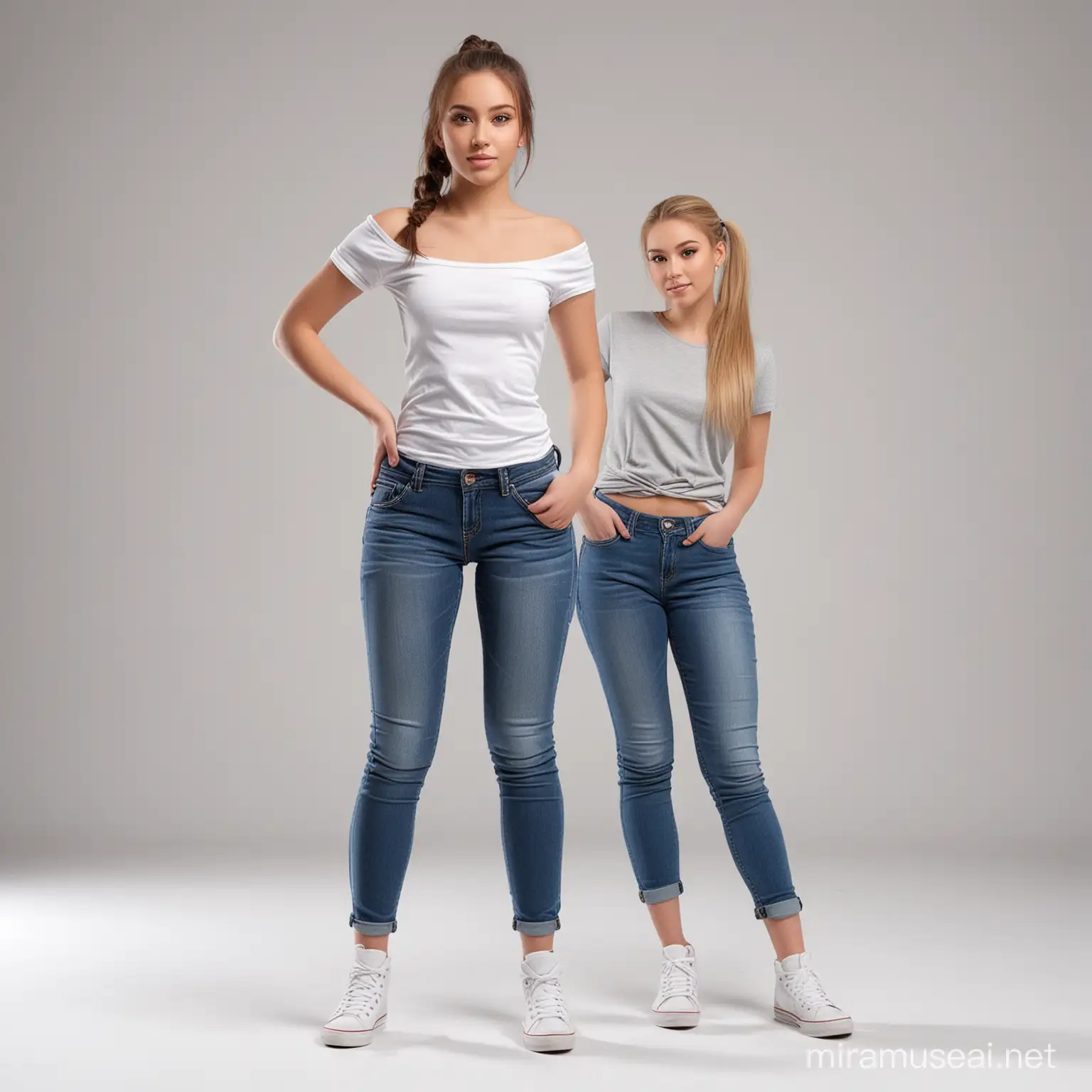 A standing photorealistic attractive woman 18 years old with ponytails in jeans and a smooth T -shirt without pockets and strapless, full body front view including shoes perpendicular to lens in photo studio on white background.