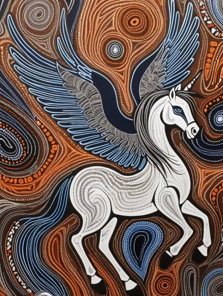 Australian-aboriginal-art-in-earthy-colors-with-white background-black, navy blue pink-blue-orange-brown-white-grey-black-with-a-pegasus