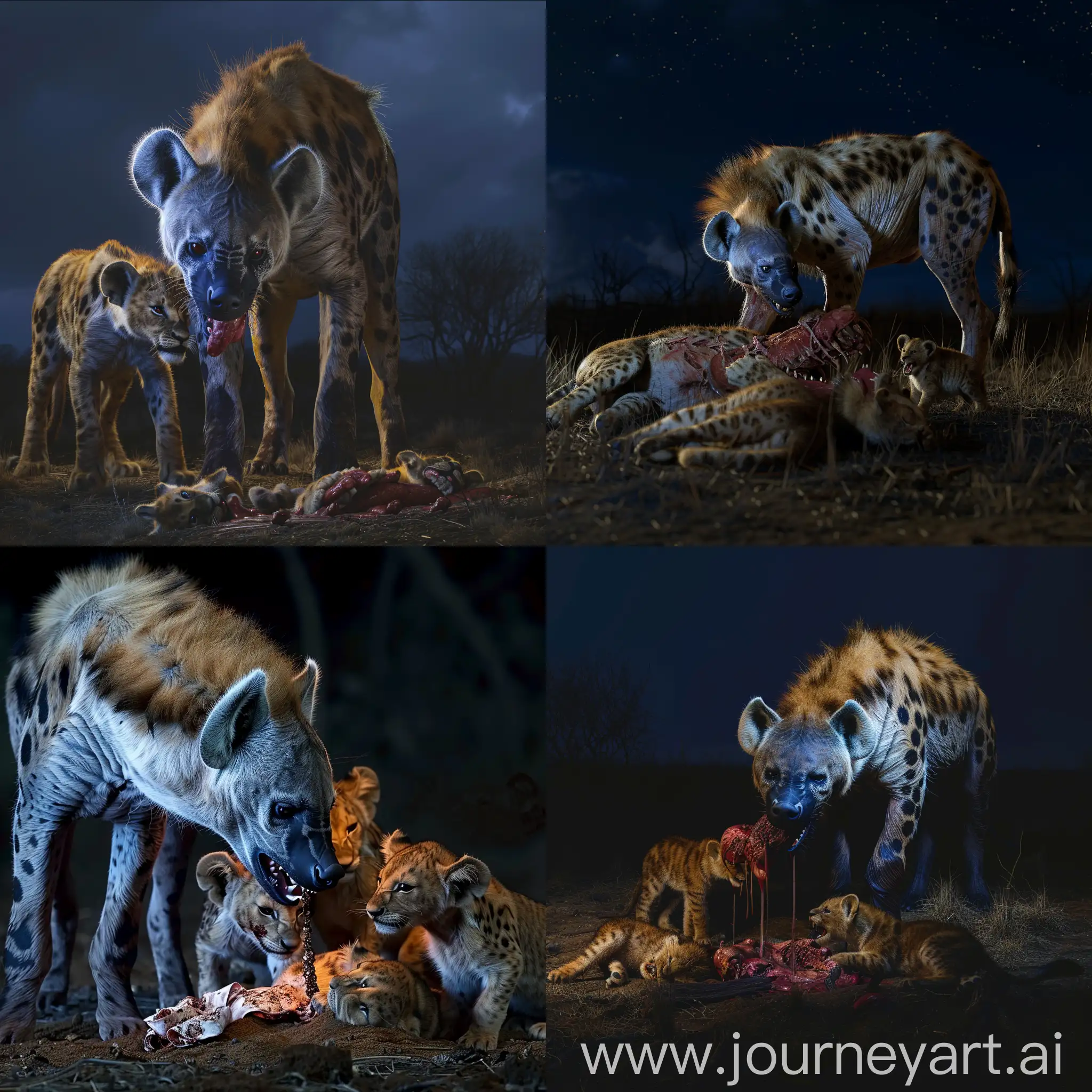 Nighttime-Predation-Hyena-Feeding-on-Lion-Cubs