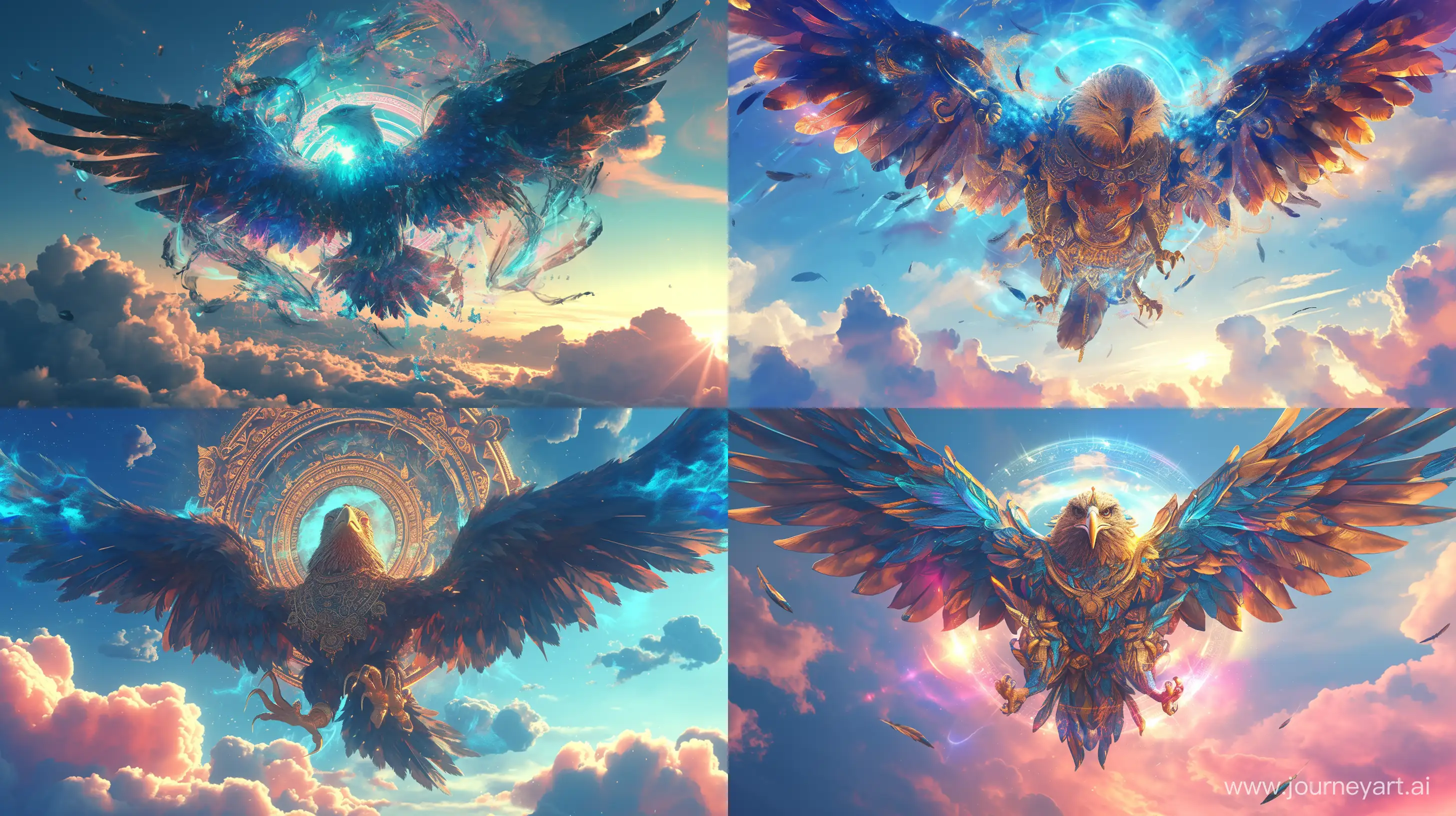Realistic colorful images depicting an eagle with 2 heads but one body from Hinduism, floating in the celestial sky, surrounded by magical aura mid air, intricate details, 8k quality images --ar 16:9 --niji 6