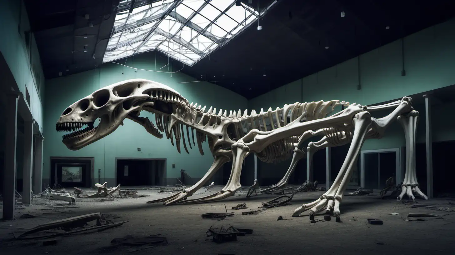 abandoned museum, giant alien animal bones, post-apocalyptic sci-fi