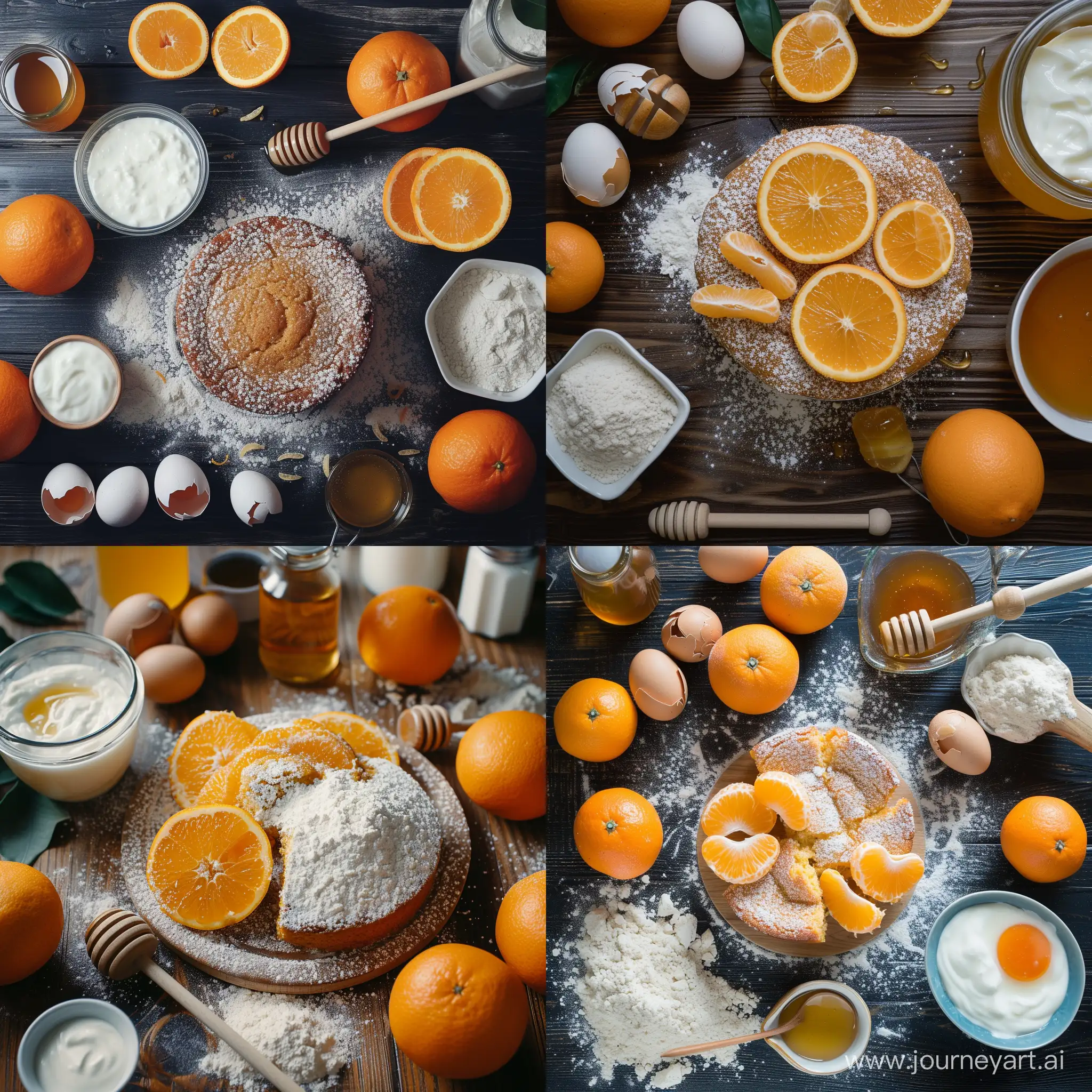 Natural and real photo of orange cake on the kitchen table. Natural lighting. There are some oranges, flour, eggs, yogurt, honey on the table.