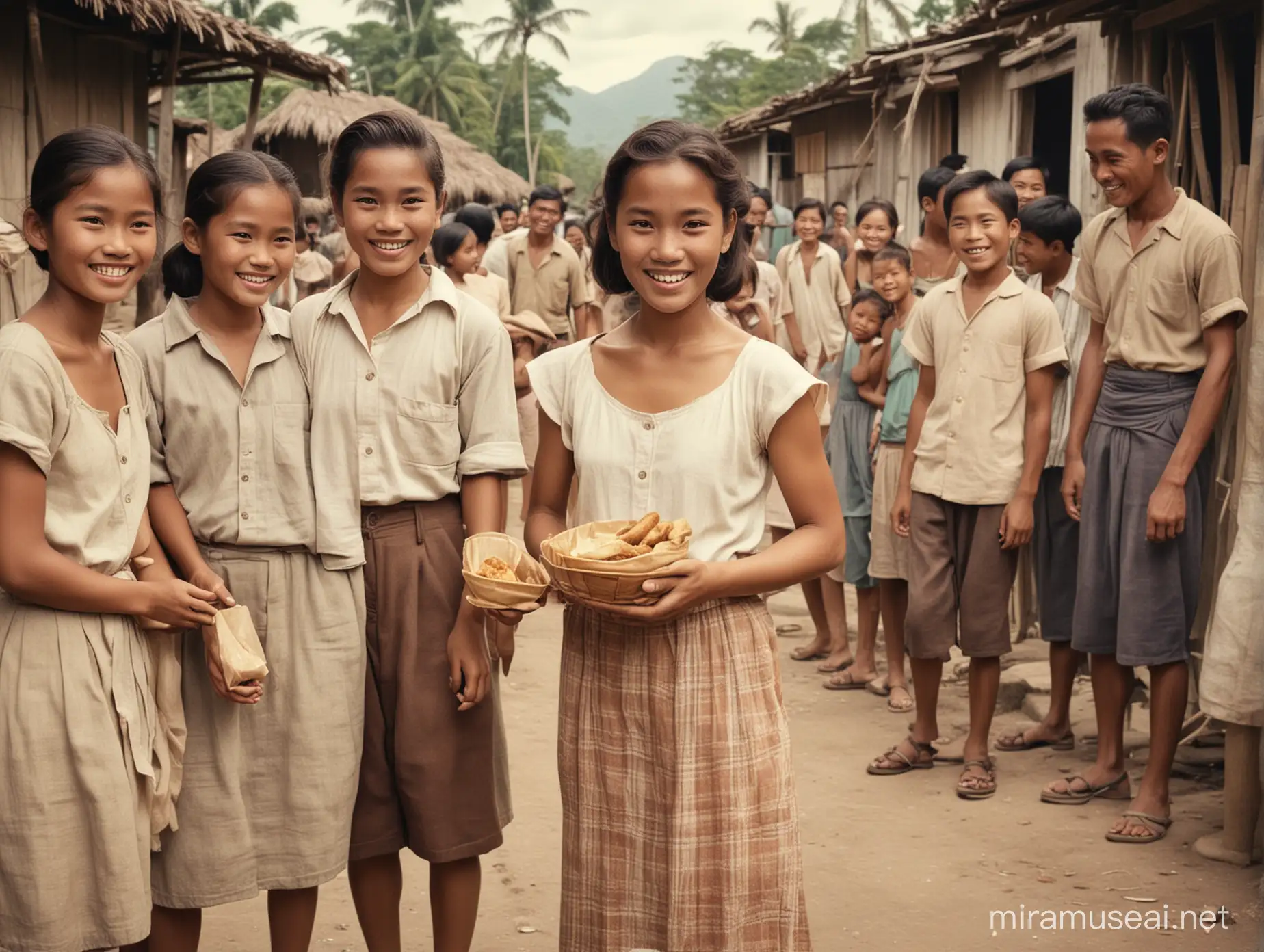A young Filipina visitor being warmly recieved in a rural Philippine village in the 1950s, the locals are mixed male and female, young and old, they are offering her food and everybody is smiling, cinematic, colorized