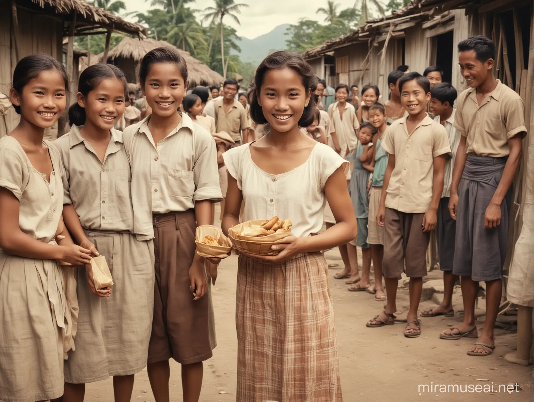 Warm Welcome Young Filipina Visitor Embraced by Smiling Rural Village in 1950s Philippines