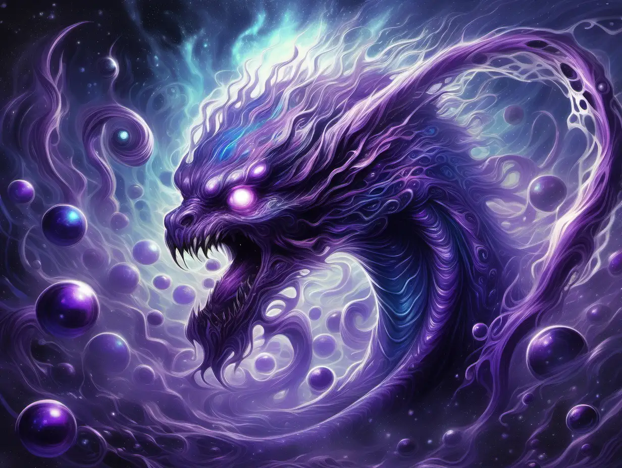 a monster creature whose sleek, ethereal form appears to flicker between dimensions, shimmering with iridescent hues of violet and sapphire. Its eyes, like orbs of swirling cosmic energy, fixate on its prey with an insatiable hunger for the arcane. it leaves behind a trail of subtle ripples in the air as it moves