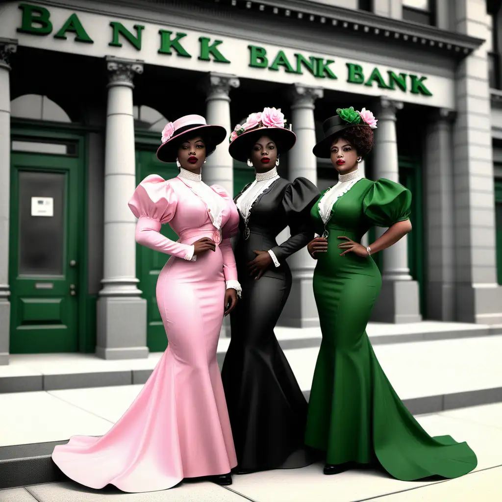 create  image of  an elegant 
black women from 1908 in front of a bank.  use some hints of pink, green and ivy
