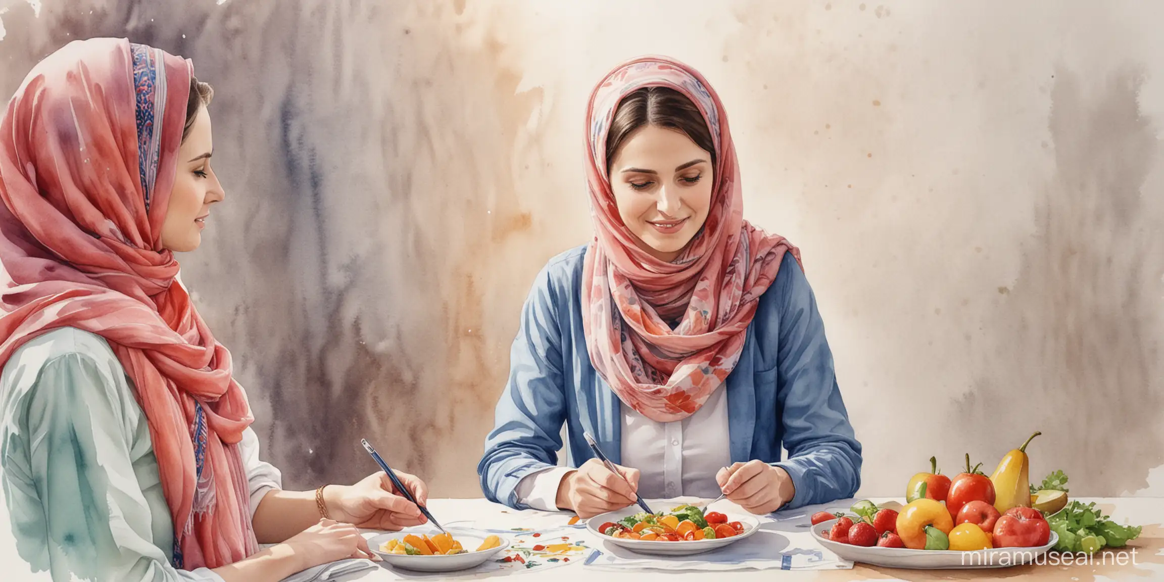 a consulting session with a nutritionist. the image is a watercolor image. The woman in the image is wearing a scarf like Muslims.