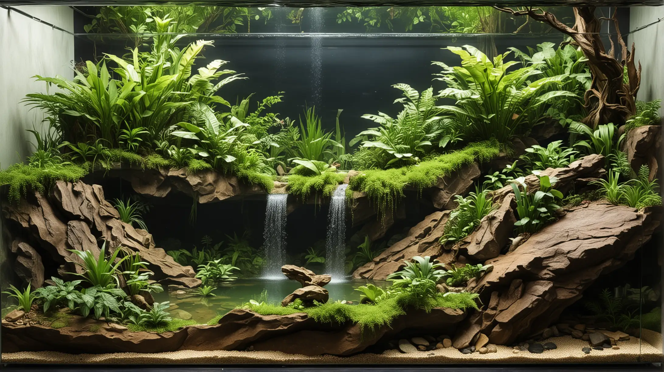 A 130cm by 45 cm by 70 cm tropical snake paludarium with half the paludarium as a mountain cliff with a waterfall and the other half lake-side wih a large flat area on the right half.