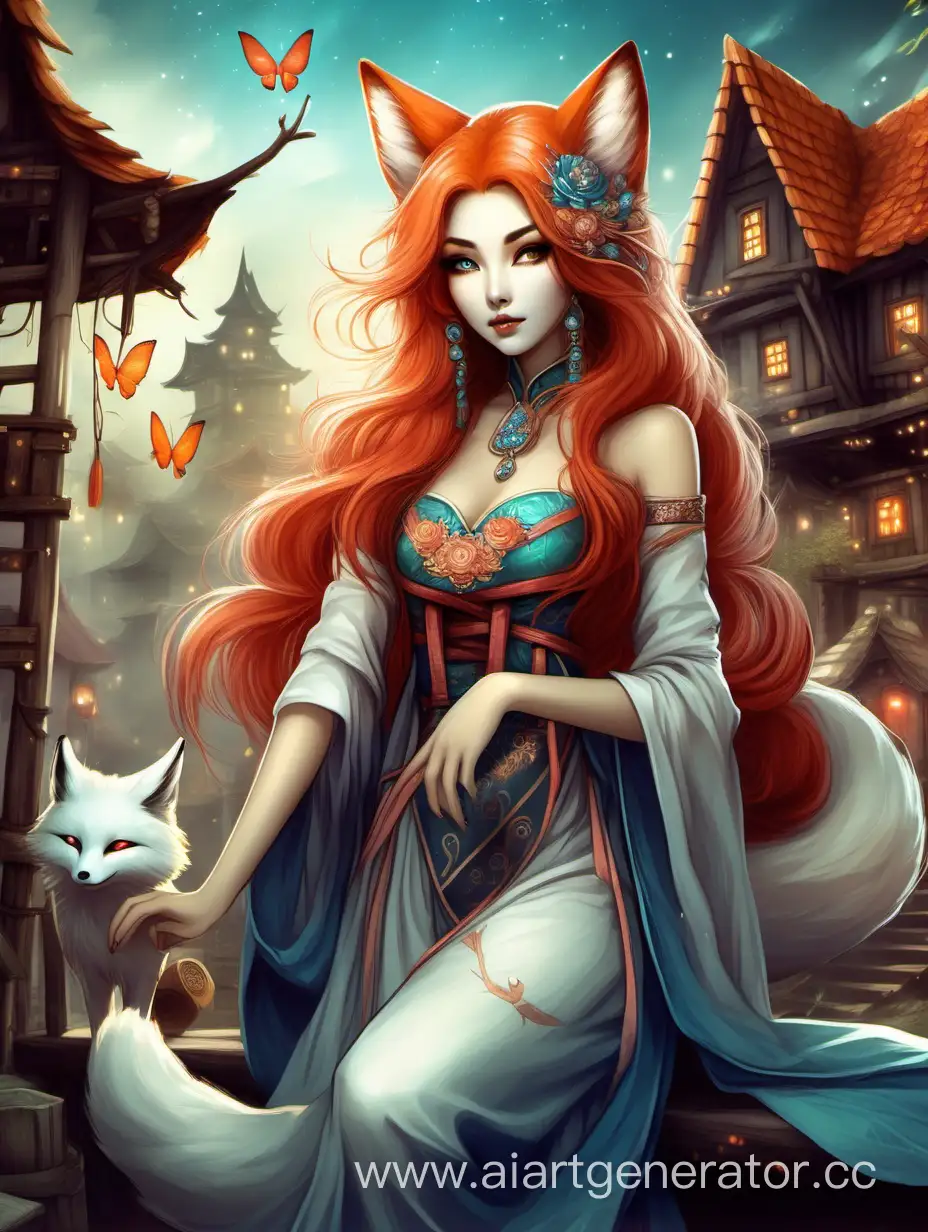 Beautiful girl kumiho fox in magic fantasy style village
