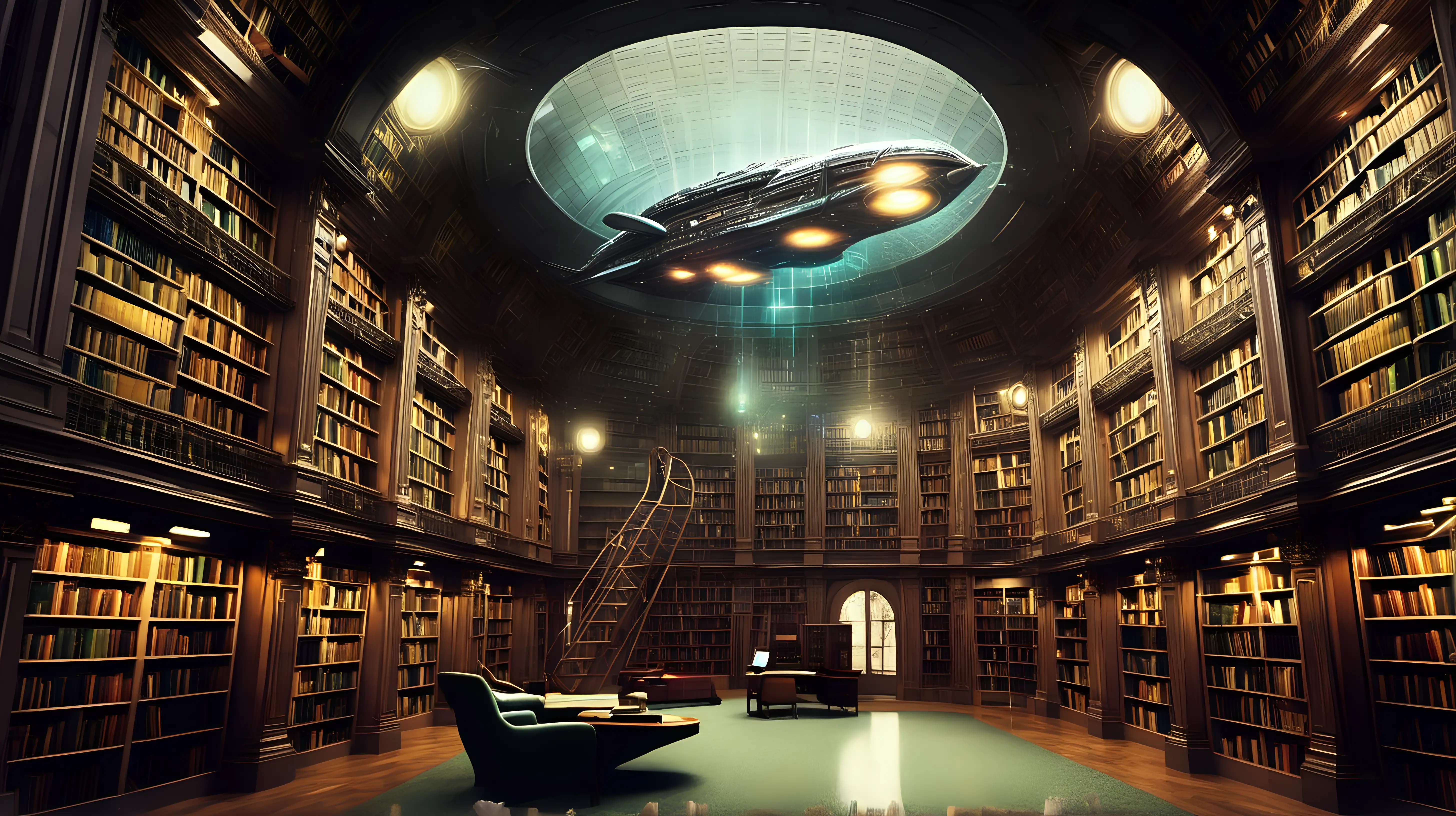Vintage Library with Time Machine Spaceship