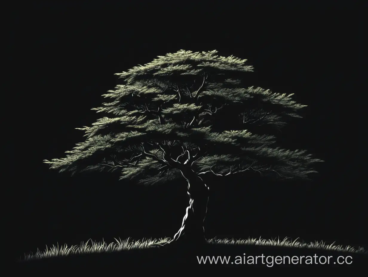 одинокое дерево на чёрном фоне в аниме стиле более пышное дерево
