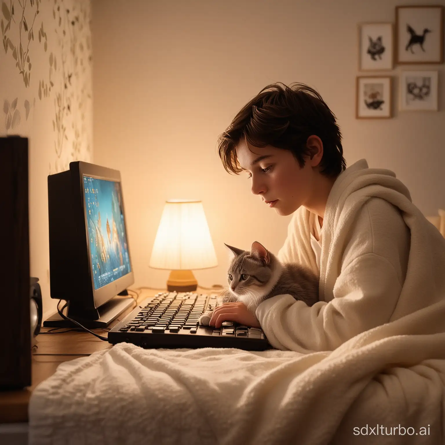 Young-Boy-Playing-Video-Game-Under-Lamp-Light-with-Cat-Sleeping-Beside-Him