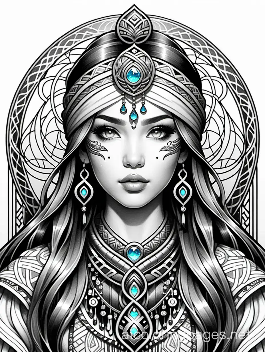 Ainu , fantasy, ethereal, beautiful, Art nouveau, in the style of Yossi Kotler, fantasy, Coloring Page, black and white, line art, white background, Simplicity, Ample White Space. The background of the coloring page is plain white to make it easy for young children to color within the lines. The outlines of all the subjects are easy to distinguish, making it simple for kids to color without too much difficulty