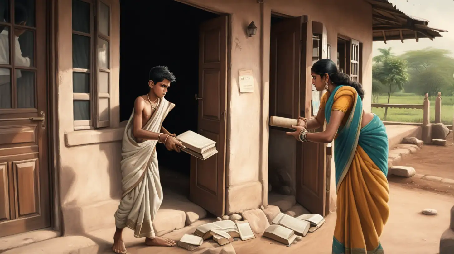 on a varanda of mud house A teenager boy in dhoti is  smashing and   his books  stone smasher  facing road positioned on the veranda and mother in saree is standing behind the doors watching anger close up angle, over the shoulder, wide