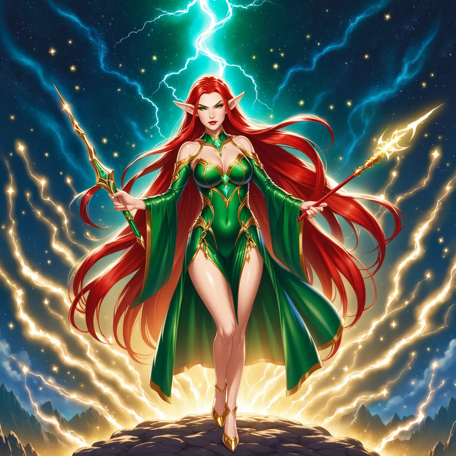 1 elf woman. She is the goddess of the elves and she is a warrior. She is extremely beautiful and mature. She is 60 years old. She has very long straight red hair. She is wearing makeup and shiny red lipstick. She is elegant and regal. She has medium tits and is physically fit. She is wearing a hunter green long latex dress and high heels. She is wearing gold Jewelry with emeralds. She has an enraged expression and is casting lightning magic with a simple red wand. She does not look young. She is in the elven heaven with stars and magic in the background. She does not look young and looks mature.
