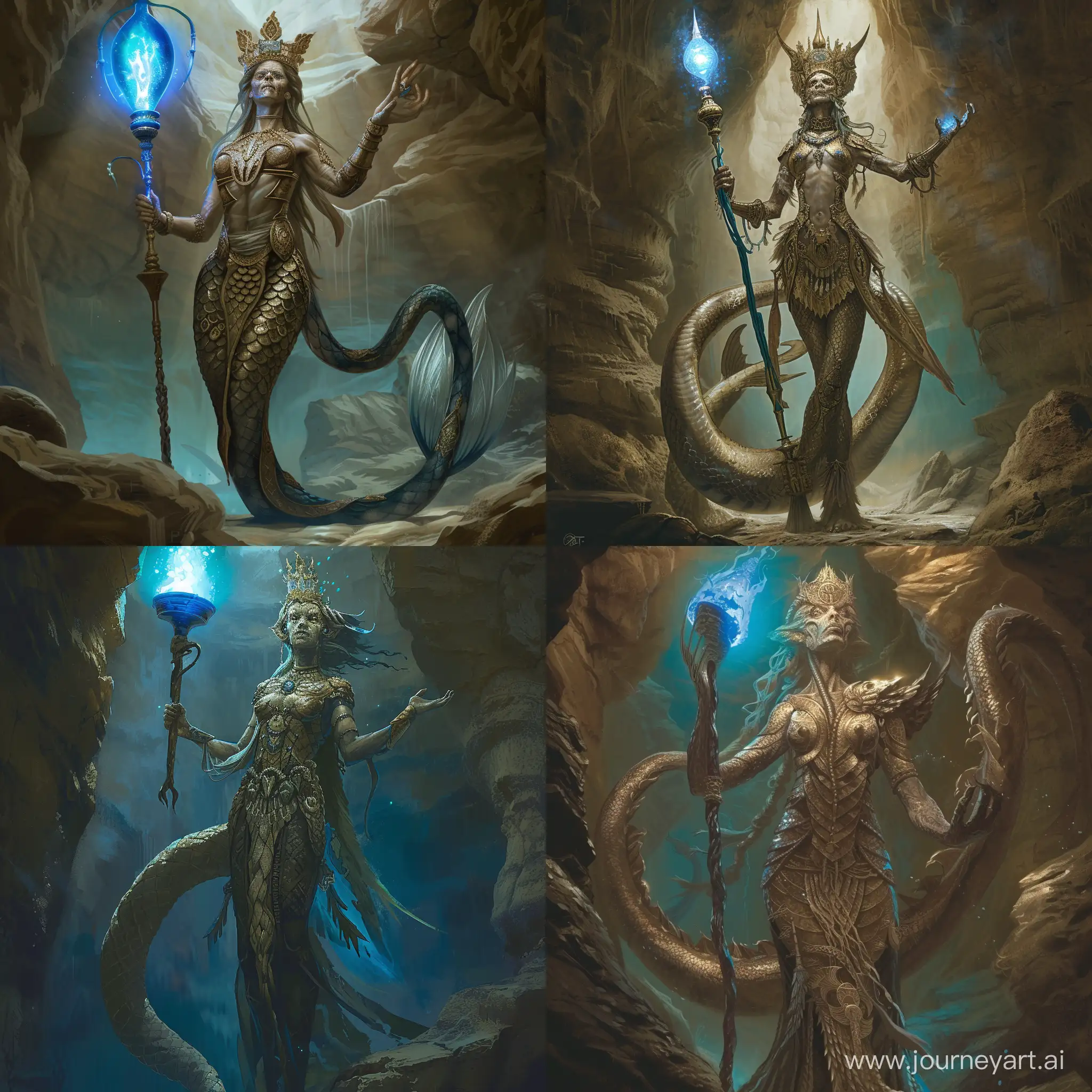 a serpentine siren holding a blue glowing lamp staff. she is in a cavern standing upright. She has two arms, no legs and is held upright by her thick mermaid-style tail. She is richly decorated in ceremonial robes with a strange crown. She has long hair.
