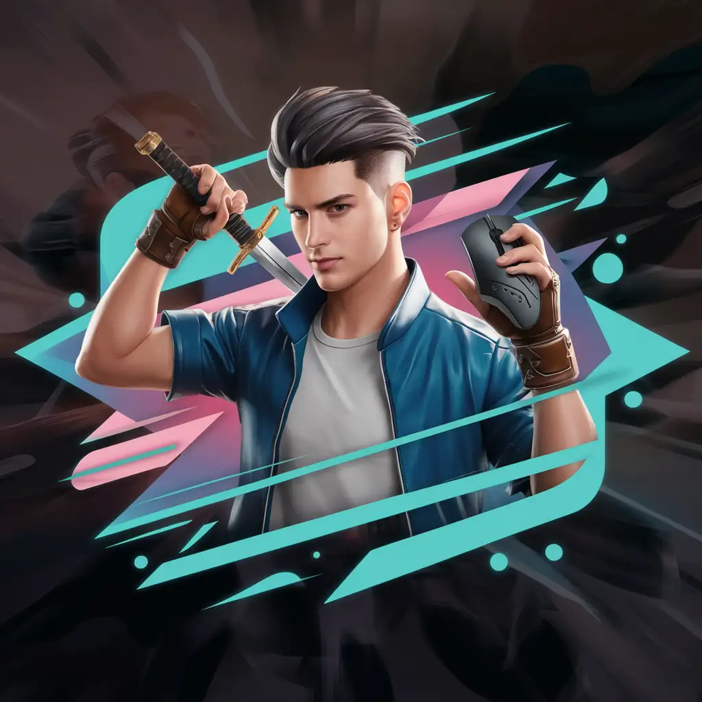 Banner for Twitch featuring a high-quality character with slicked-back hair, holding a gaming mouse in one hand and a sword in the other.
