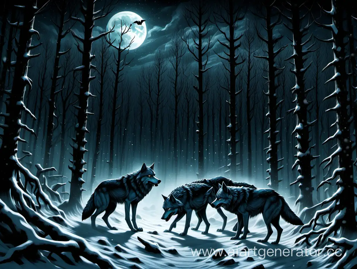 Ночь, заснеженный лес и 4 страшных волка в темноте