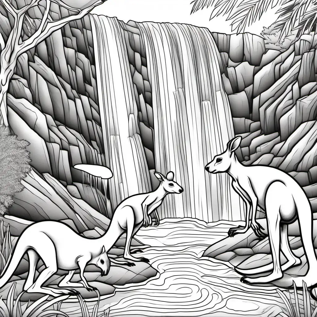 /imagine colouring page for kids, Kangaroo Rex finding a hidden waterfall, Thick Lines, low details, no shading --ar 9:11 