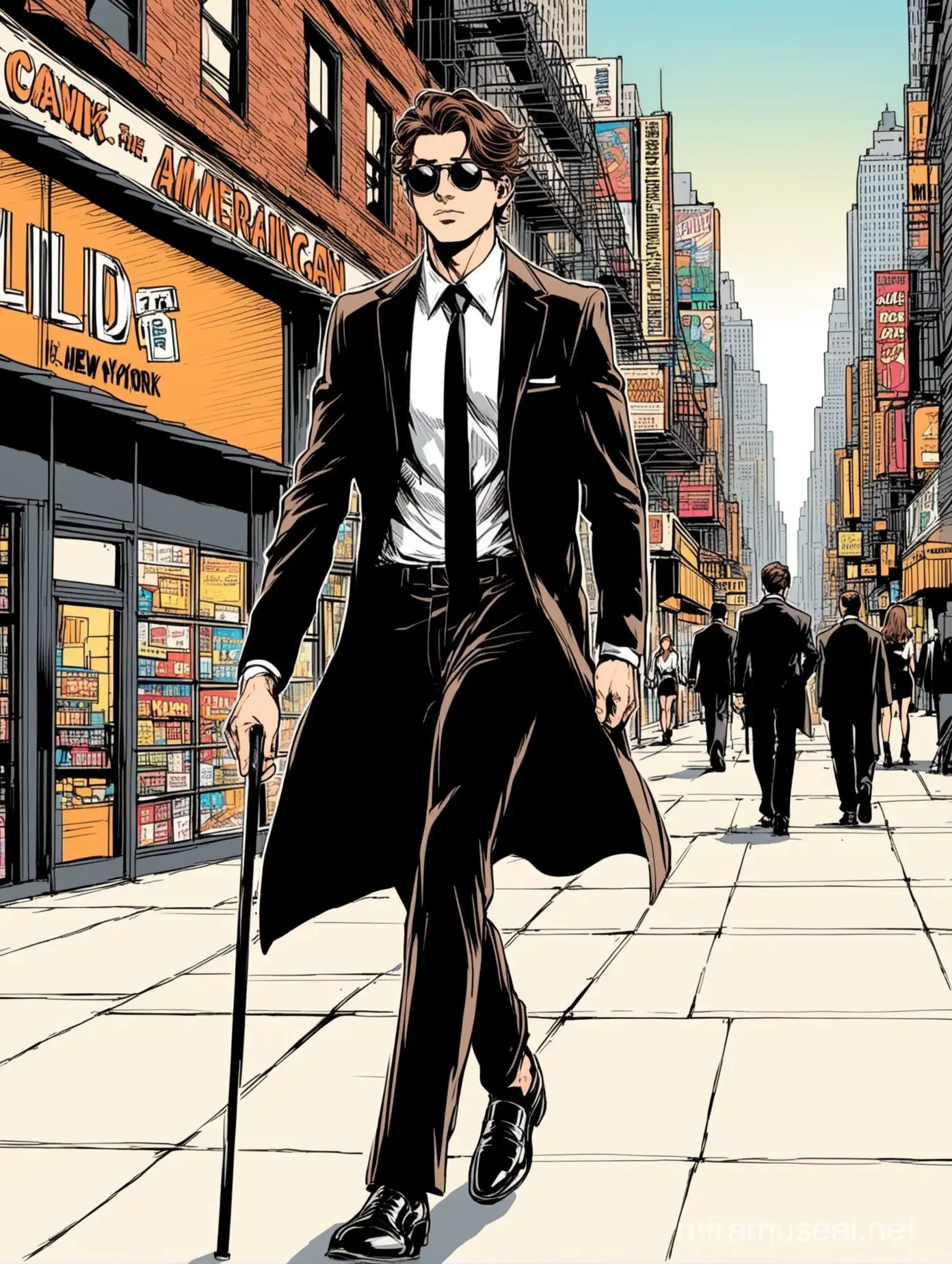 Drawing by American comic books style: A handsome American young man with brown hair, wearing black round sunglasses, wearing a white shirt, black tie, black jacket, black pants, and black shoes. He carries a blind cane and walks in the streets of New York, with the windows of shops selling clothes and the sounds of billboards in the background.
