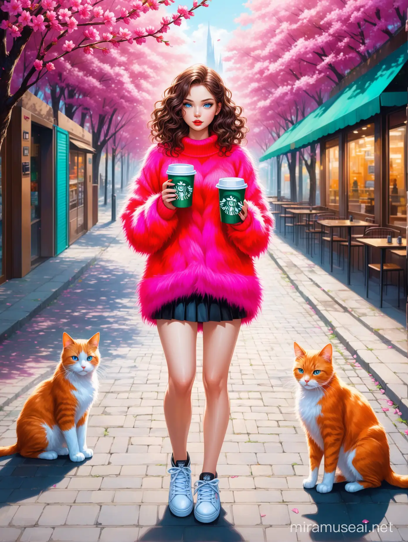 Aivision, strong neon colors, full body of beautiful young women with dramatic expression, prety blue eyes , curly hair, , full red lips, brown hair, She wears a  fur sweater and skirt , she wears amazing sneakers in neon colors,full body , she stands in the street anxiously, She holds a cup of Starbucks coffee in her hand. colorful spring environment ,red flowers, two beautiful cats, image realistic, realistic facial features, Fairy Tail, Extremely detailed , intricate , beautiful , fantastic view , elegant , crispy quality Federico Bebber's expressive, full body, Coordinated colours