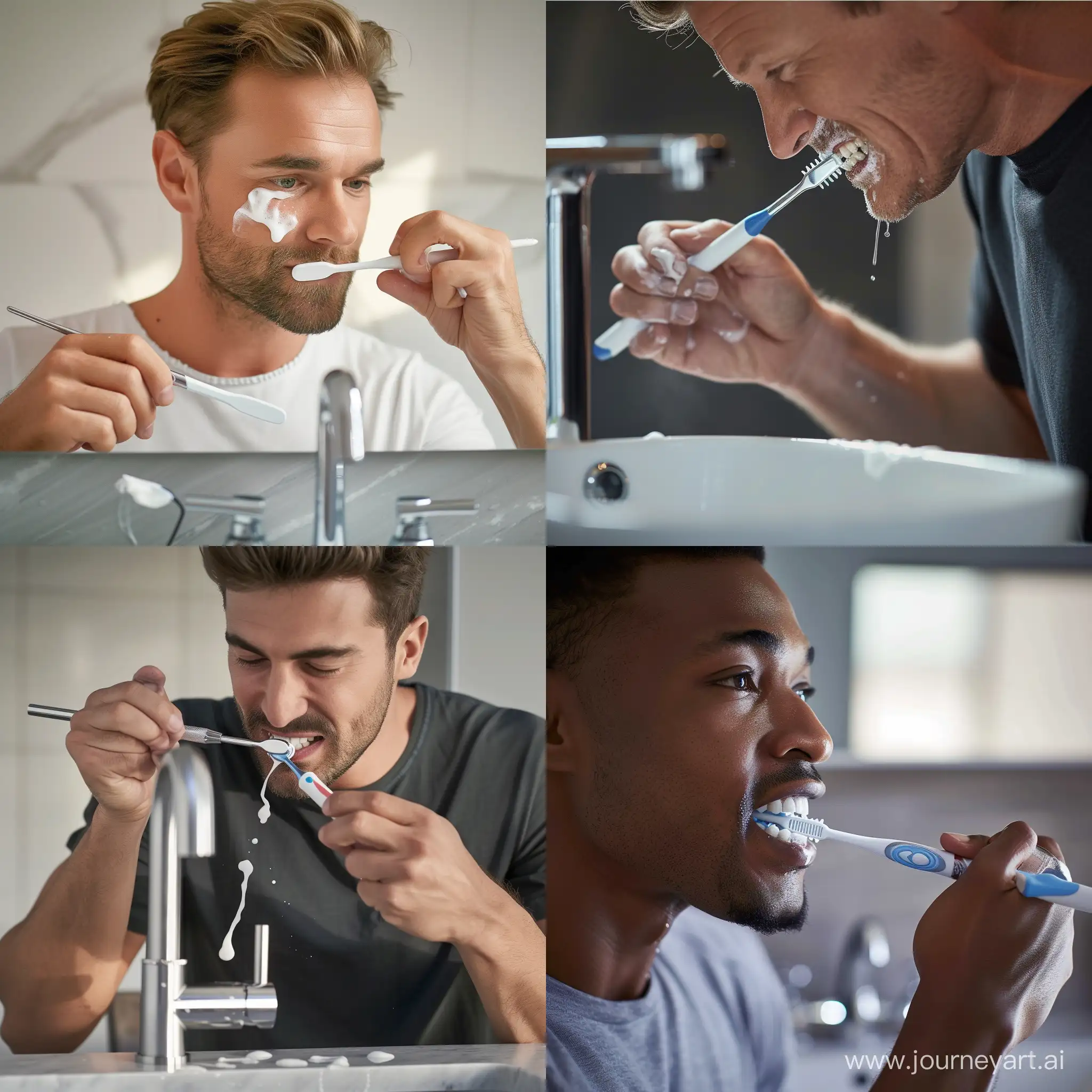 A man is brushing his teeth, with the faucet closed to save water, realistic