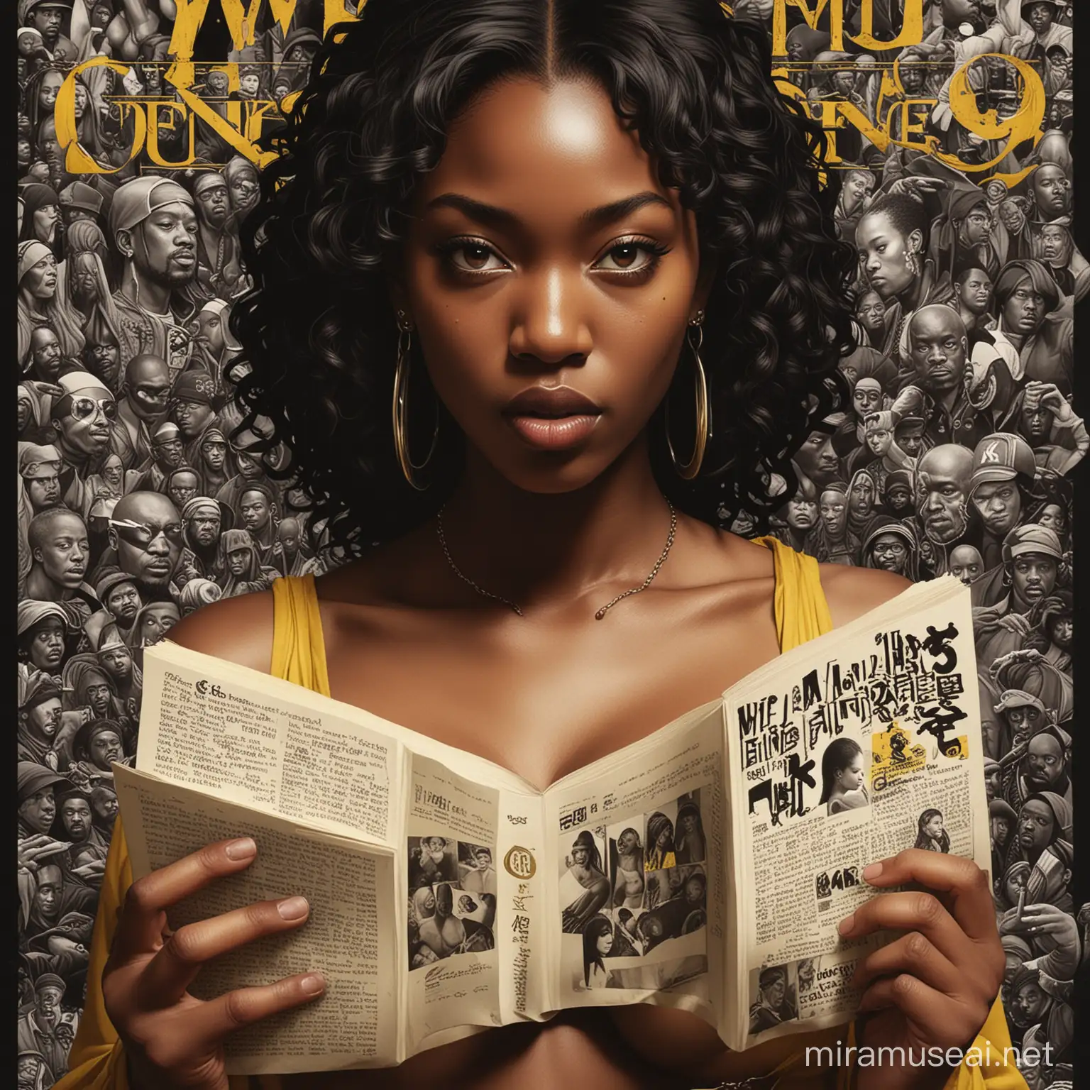 "ENTER THE WU-TANG 36 CHAMBERS WU-TANG CLAN." The tags related to the image include text, book, book cover, graphic design, novel, poster, flyer, and fiction.Black woman beautiful face is shown.  The woman's body parts such as chest, thigh, stomach, and abdomen are visible.painterly smooth, extremely sharp detail, finely tuned detail, 8 k, ultra sharp focus, illustration, illustration, art by Ayami Kojima Beautiful Thick Black.
